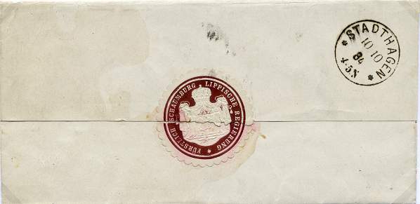 Brief der fürstlichen Regierung in Bückeburg. Papiersiegelmarke der „Fürstlich Schaumburg Lippischen Regierung“ (mittleres Fürstliches Staatswappen) als Briefverschluss.