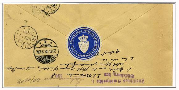 Retournierter Brief datiert vom 19. November 1908 nach Heeßen bei Bad Eilsen mit der Siegelmarke