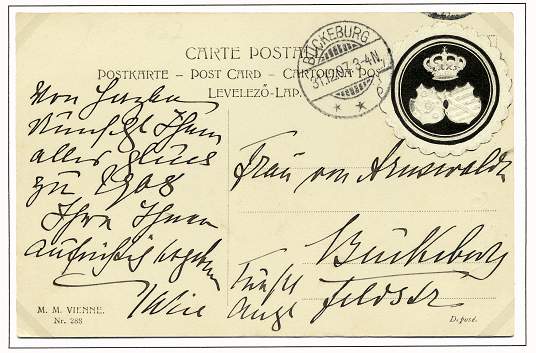 Eigenhändig geschriebene Postkarte mit Neujahrsgrüßen für das Jahr 1908 der regierenden Fürstin Marie Anna an ihre Hofdame Fräulein Else von Arnswald.