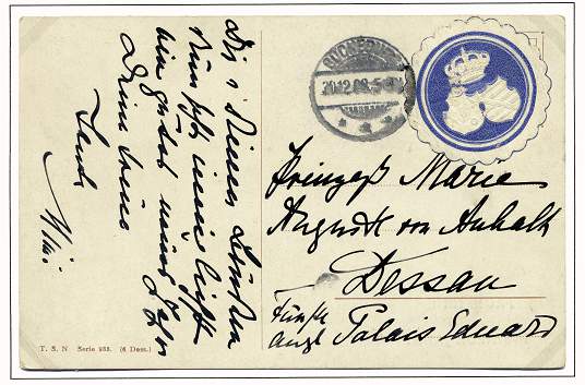 Eigenhändig geschriebene Postkarte mit Neujahrsgrüßen für das Jahr 1908 der regierenden Fürstin Marie Anna an ihre Hofdame Fräulein Else von Arnswald.