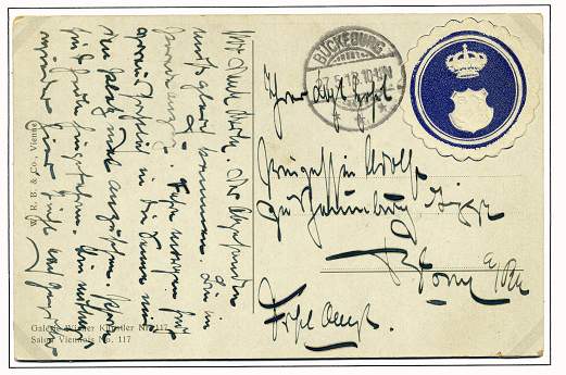Eigenhändig geschriebene Postkarte von Fürst Adolf an seine Tante Victoria Prinzessin von Preußen Prinzessin Adolf zu Schaumburg-Lippe.