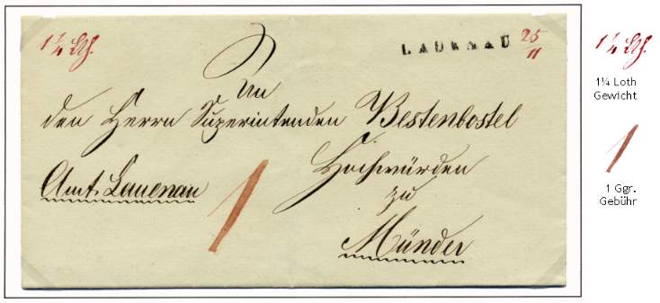 Franco-Brief (ohne frei-Vermerk) des Amtes Lauenau an den Herrn Superintendenten Bestenbostel in Mnder.
