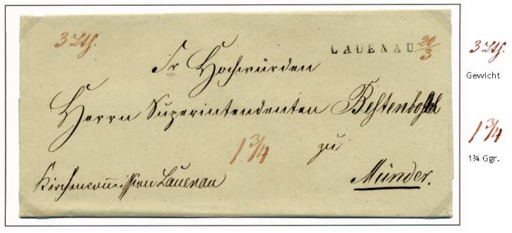Franco-Brief (ohne frei-Vermerk) der Kirchencommission Lauenau vom 20. Mrz an den Herrn Superintendenten Bestenbostel in Mnder.