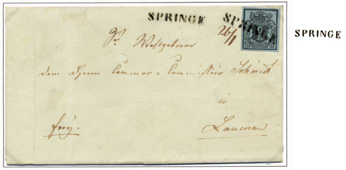 Frankierter Brief der 1. Gewichsstufe bis 1 Loth(ex.) Gewicht von Springe nach Lauenau mit einer 1 Gutegroschen-Freimarke frankiert.