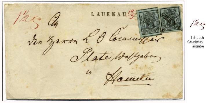 Frankierter Brief der 2. Gewichsstufe bis 2 Loth Gewicht (hier: „1 ½ Loth“) nach Hameln
