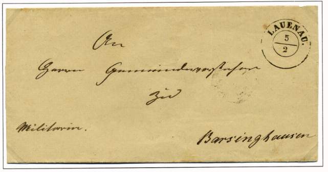 Militaria (portofreie Dienstsache der Militärbehörde) vom 5. Februar 1852 portofrei nach Barsinghausen versendet.