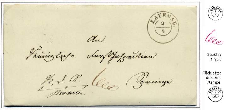 K.D.S. (Knigliche Dienstsache) / Unterschrift vom 3. April 1852 Taxiert mit 1 Ggr. 1 Gutegroschen nach Springe versendet.