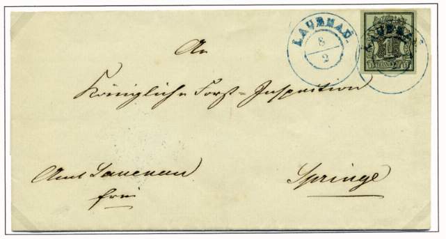 Portogerecht mit 1 Gutegroschen Inlandmarke 1 Ggr. (schwarz a. hellgrnoliv  Aug. 1851) nach Celle frankiert.
