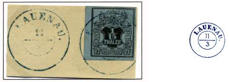 Ortsaufgabestempel: DKr. „LAUENAU“ vom 11. März (Farbe: blau).