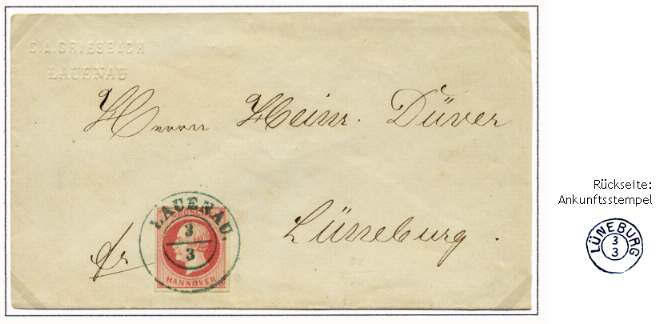 Standardbrief (Couvert) mit 1 Groschen (karmin der Ausg. 1859) als Inlandstandardbrief nach Lneburg