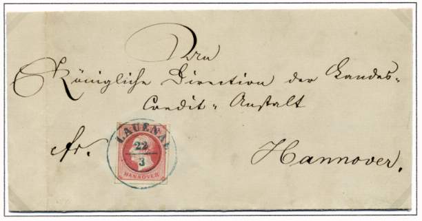 Standardbrief (gefalteter Papierbogen) mit 1 Groschen (karmin der Ausg. 1859) als Inlandstandardbrief nach Hannover