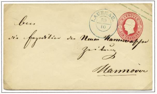 Ganzsache (1 Groschen - mattrosa der Ausg. 1861) als Inlandstandardbrief nach Hannover
