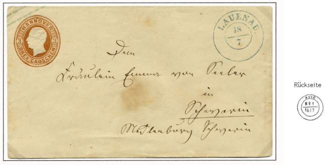 Ganzsachenumschlag (3 Groschen - orangegelb der Ausg. 1859) als Auslandsbrief innerhalb des DPV (Entfernungsstufe ber 20 Meilen) nach Schwerin