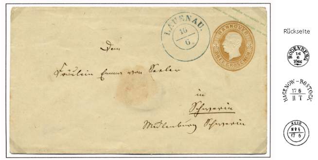 Ganzsachenumschlag (3 Groschen - braun der Ausg. 1859) als Auslandsbrief innerhalb des DPV (Entfernungsstufe ber 20 Meilen) nach Schwerin