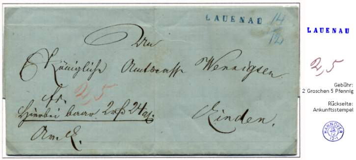 Wertbrief des Amtes Lauenau (14. Dezember 1861) nach Linden mit der Fahrpost befrdert.