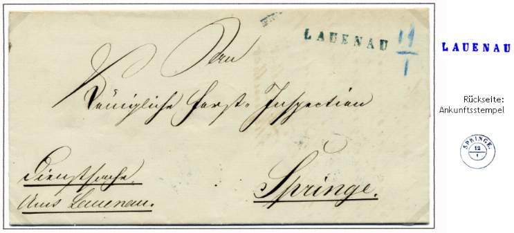 Portofreie Dienstsache des Amtes Lauenau vom 11. Januar 1856 mit der Fahrpost nach Springe befrdert.