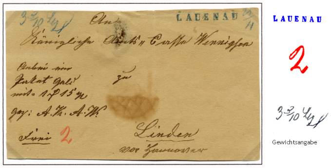 Franco-Adress-Brief fr eine Fahrpostsendung (Paketbegleitbrief) des Gerichtsvogts aus Lauenau