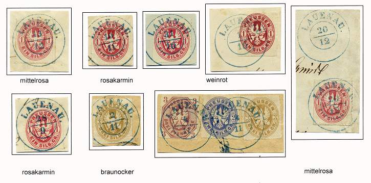 1 Sgr. (Farbvarianten: mittelrosa bis karmin und weinrot) der Ausgabe Preuischer Adler im Oval von 1861 und 3 Sgr. (braunocker) der Ausgabe Preuischer Adler im Oval von 1862.