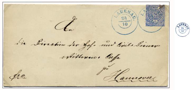 Standardbrief über 1 Loth bis 250 g (Gewichtsprogression) von Lauenau nach Hannover.