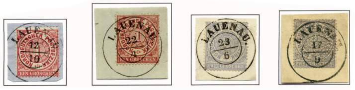 Freimarke 1 Groschen und 2 Groschen der Ausgabe 1869 entwertet mit Ortsaufgabestempel: DKr. LAUENAU.