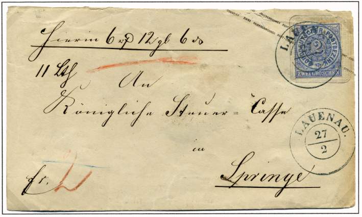 Wertbrief von Lauenau nach Springe vom 27. Februar 1869.