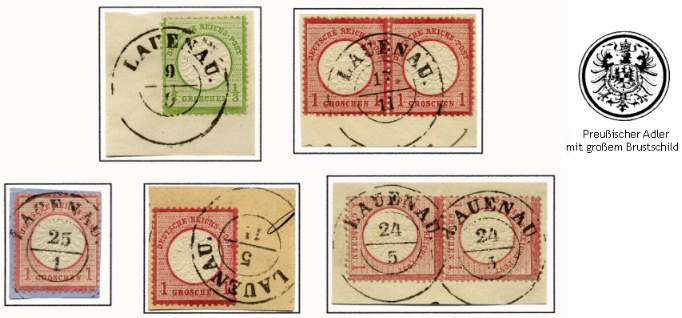 1/3 Groschen (gelblichgrün) und 1 Groschen (karmin) der Freimarkenausgabe Adler mit großem Brustschild.