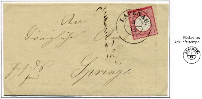 Portopflichtige Dienstsache („P.D.S.“) aus Lauenau nach Springe vom 3. Dezember 1872.