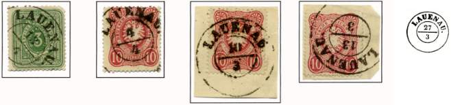 5 Pfennig(e) (smaragdgrn) und 10 Pfennig(e) (Farbvarianten) der Markenausgabe 1875