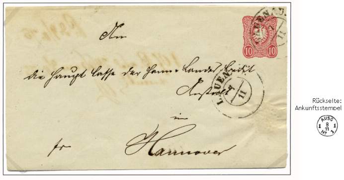Ganzsachenumschlag 10 Pfennige (rosa – Ausgabe 1875) nach Hannover verwendet.