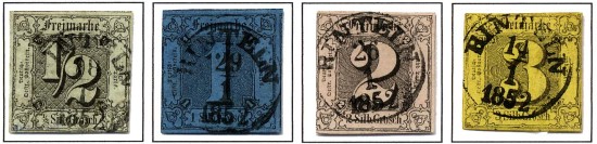 PostWertZeichen zu ½ Sgr., 1 Sgr., 2 Sgr. und 3 Sgr.