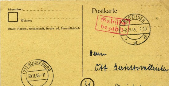 Lokale Notganzsache aus Bad Eilsen mit Stempel „Gebühr bezahlt“.