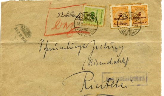 Handschriftlicher Vermerk ber die entrichtete Gebhr zur Zeit der Hochinflation 1923.