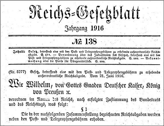 „Gesetz, betreffend eine mit den Post- und Telegraphengebhren zu erhebende auerordentliche Reichsabgabe“