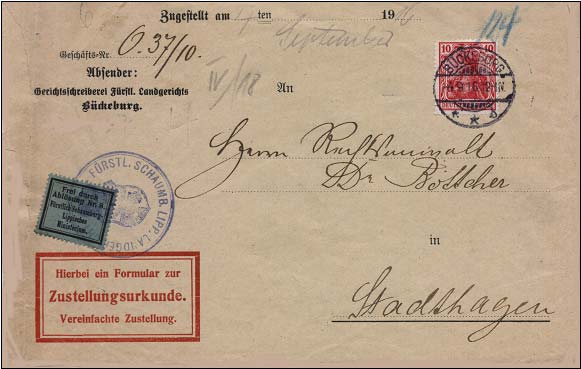 Fernbrief mit Zustellungsurkunde aus Bckeburg nach Stadthagen vom 4. September 1916