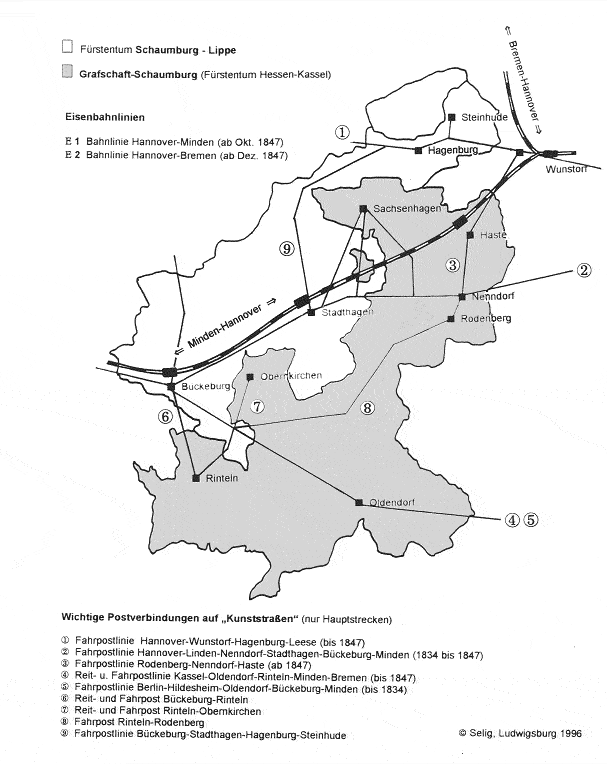 Straen und Postlinien der (hessischen) Grafschaft Schaumburg um 1852