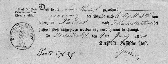 Postschein der Thurn und Taxischen Kurfürstlich Hessischen Postexpédition
