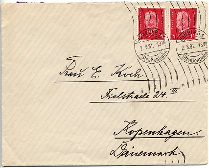 Foreign-Letter (Auslandsbrief) posted to Copenhagen on 22. August 1931