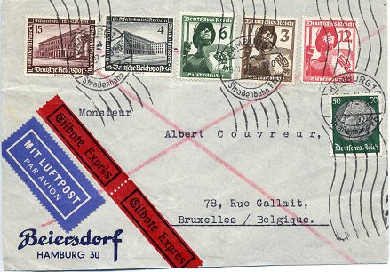 Foreign express letter (“Express Auslandsbrief”) posted to Brussels in Belgium on 9. March 1937