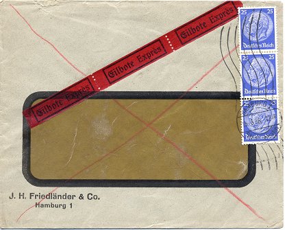 Foreign express letter (“Eilbrief - Auslandsbrief”) posted to Helsingborg in Sweden on 15. August 1938
