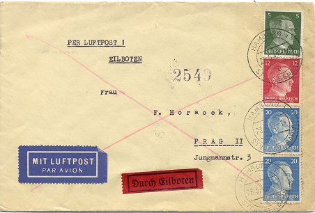 Foreign express letter (Eilbrief - Auslandsbrief) posted to Prague in Bohemia and Movaria on 28. May 1942